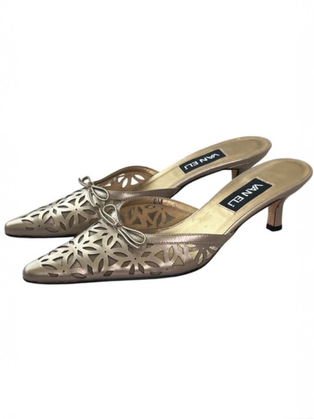 VAN ELi Gold Leather Kitten Heel Mules Size 8 Pointed Toe Slip On Italy - Picture 2 of 10